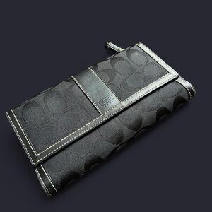 Coach Black Signature Jacquard Fabric and Leather Trim Checkbook Trifold Wallet